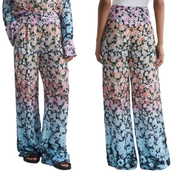 Reiss Serena Floral Print Wide Leg Trousers Size 12 Pink Purple Blue - Picture 1 of 16
